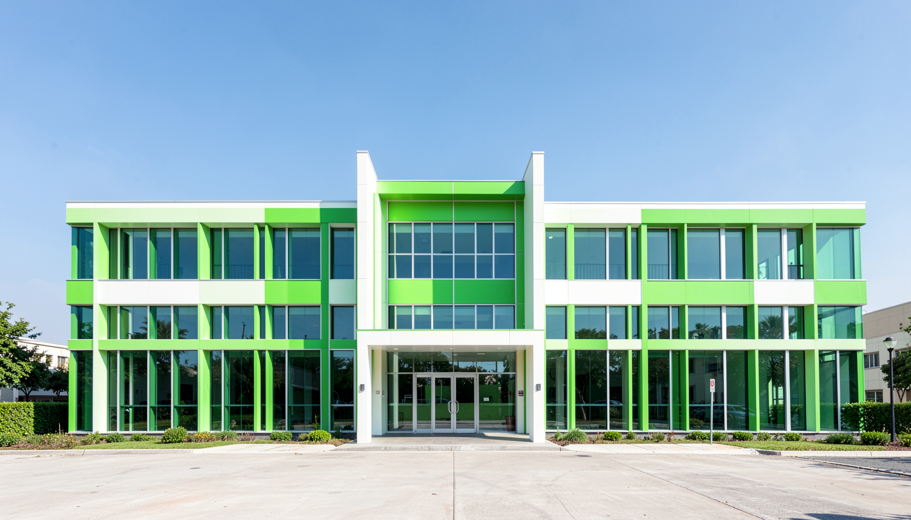 Fachada simétrica de un edificio institucional moderno con líneas limpias, ventanales amplios y tonos verdes y blancos, bajo un cielo despejado