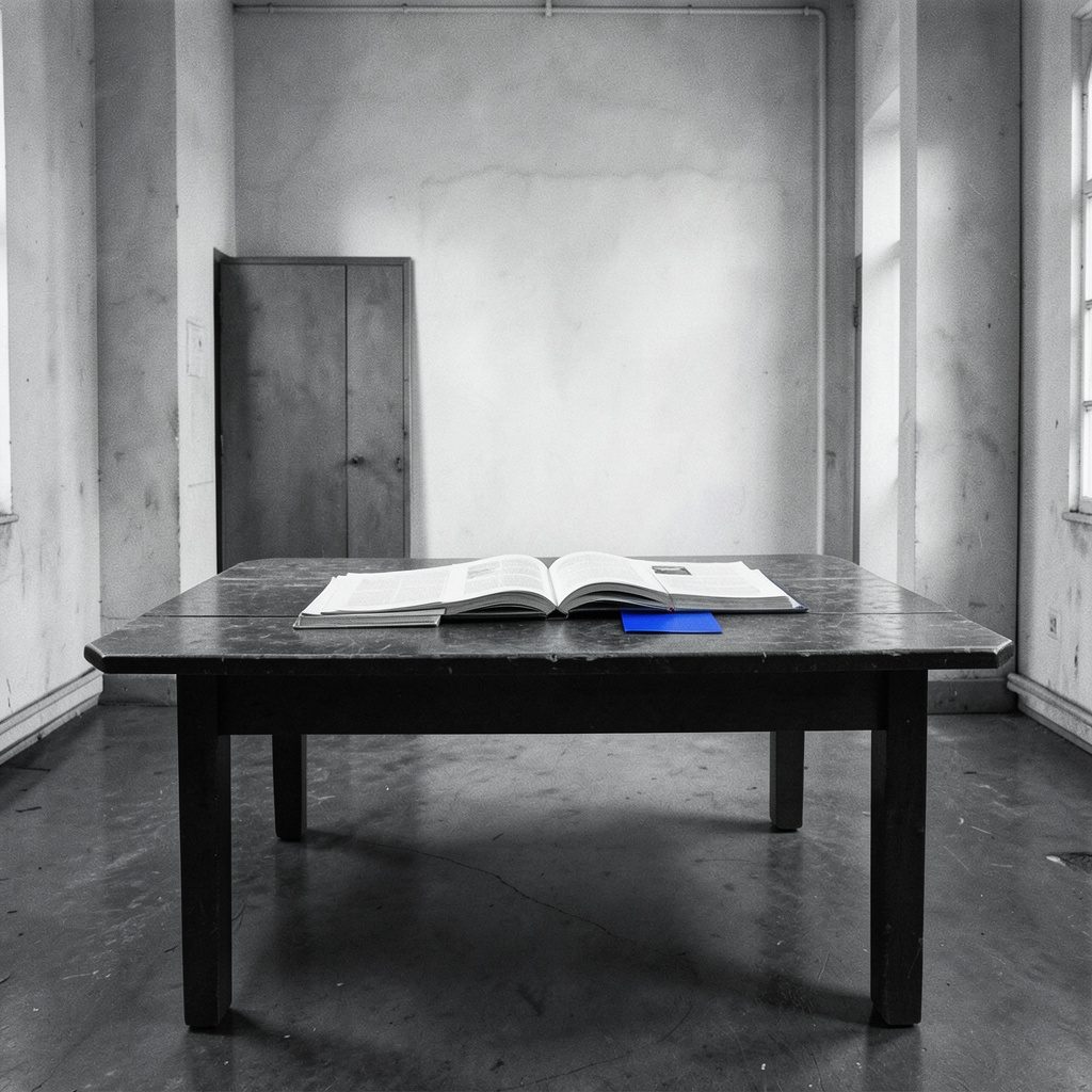 Documentos y actas institucionales sobre una mesa de madera, atmósfera histórica en tonos sepia y verde
