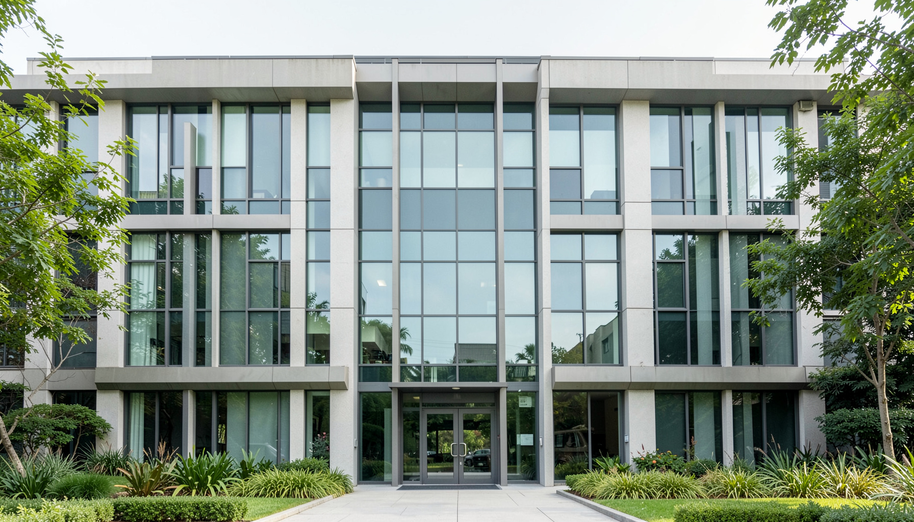 Fachada simétrica de un edificio institucional moderno con líneas limpias, ventanales amplios y vegetación circundante, en tonos verdes y grises bajo luz natural suave