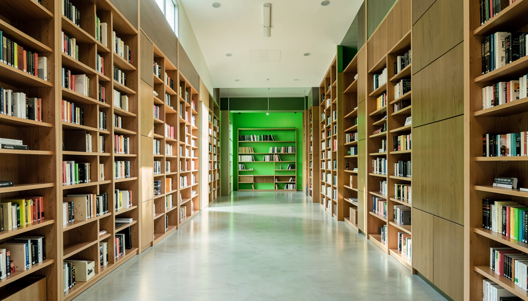 Interior de una biblioteca moderna con estanterías ordenadas y luz natural, atmósfera serena en tonos madera y verde