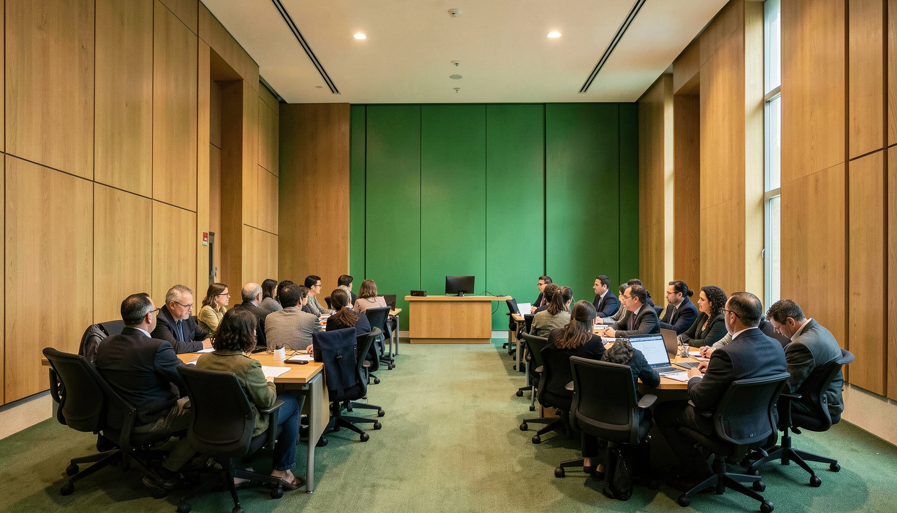 Sala de conferencias con asistentes, ambiente académico en tonos cálidos y verdes