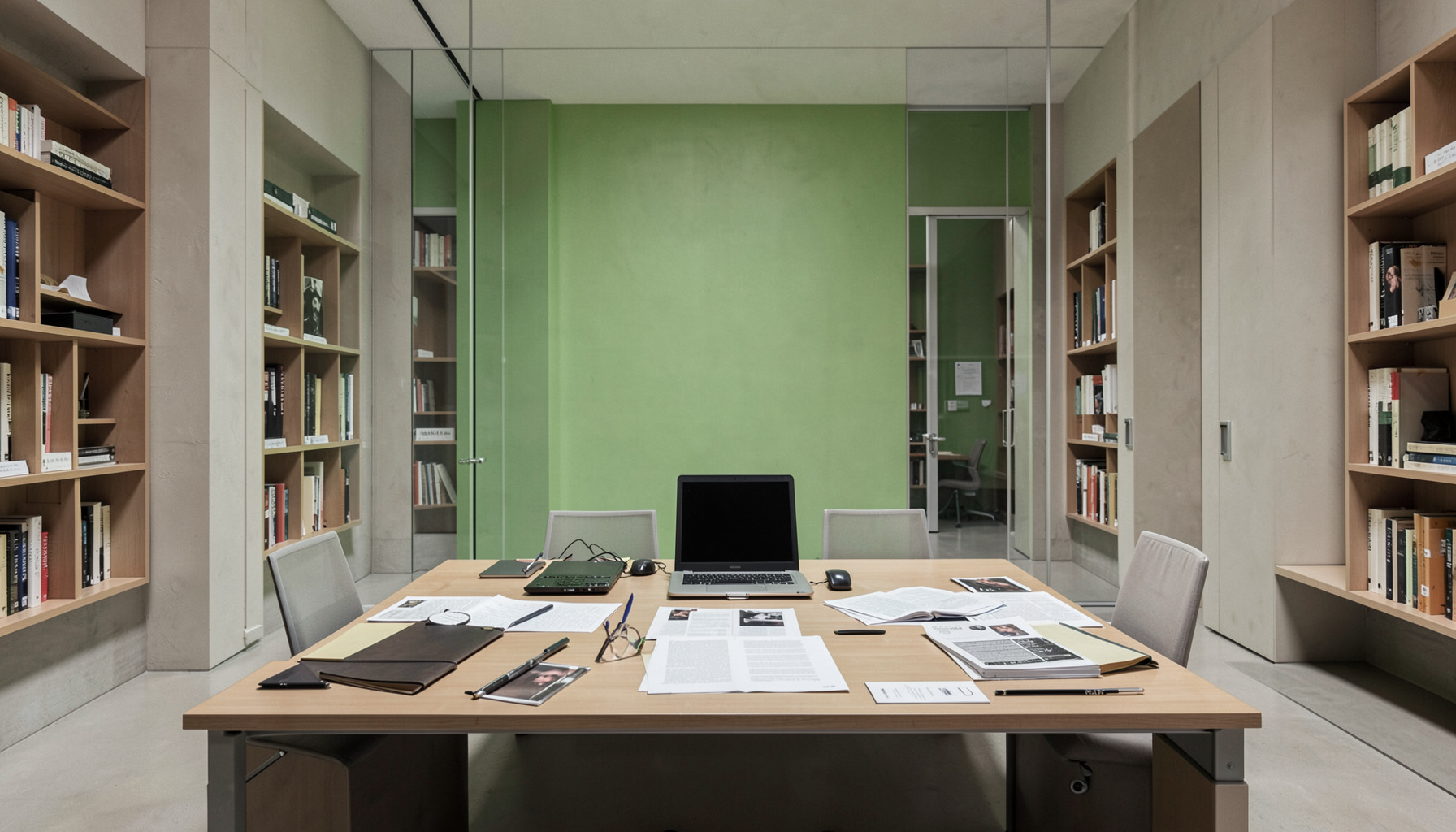 Mesa de trabajo con documentos y dispositivos electrónicos, entorno bibliotecario en tonos neutros